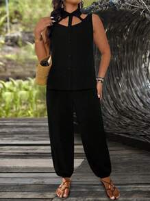 SHEIN LUNE Plus Size Women Casual Turn-Down Collar Cutout Top & Drawstring Hem Pants Set - Black - View 5