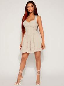 SHEIN SXY Prom Dress;Summer;Apricot Linen Flowy Ruffle Hem Form-Fitting Strapless Mini Dress, Boho Style Suitable For Romantic Dates, Gatherings, Birthdays, Parties, Music Festivals, Vacations, Beach Trips, Holidays - Apricot - View 4