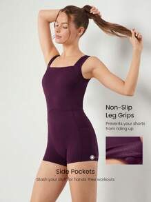 GLOWMODE 2.5 英寸 FeatherFit™-Air 吸汗速干流动收腹镂空后背方领运动健身连体衣连体衣带侧袋防滑握把低冲击瑜伽普拉提工作室日常休闲装