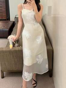 DAZY Váy midi ôm sát bằng ren Jacquard dành cho nữ, thích hợp cho tiệc cưới, dạ hội mùa hè, váy suông thanh lịch, váy cưới - Màu be - Xem 1