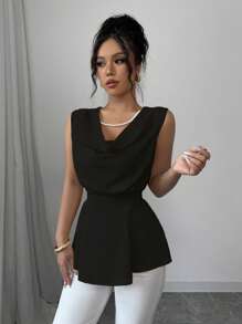 Gloray Camicetta elegante e di moda con scollo a cascata, top con balze, colore unito