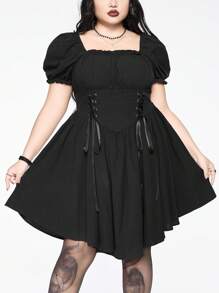 ROMWE Goth Plus Size Square Neck Puff Sleeve Swing A-Line Drawstring Waist Dress - Black - View 2