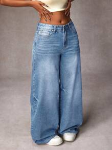 SHEIN ICON Quần Jeans Ống Rộng Rộng Mặc Thường Ngày Cho Nữ - Màu xanh nhạt - Xem 6