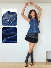 MOTF STUDIO BUTTON FRONT SLEEVELESS DENIM TOP - Medium Wash - View 10