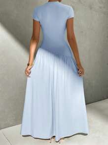 Firerie Đầm dài dáng chữ A không đối xứng màu trơn tay ngắn cổ đứng thanh lịch tối giản, eo cao, mặc hàng ngày đa năng - Màu xanh nhạt - Xem 2