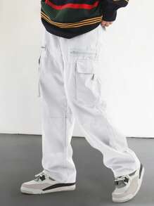 Manfinity Roghcode Men's Loose Fit Flap Pocket Side Cargo White Cargo Pants, Fall - White - View 6