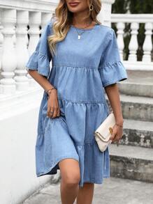 Breezaya 女士圆领喇叭袖宽松牛仔娃娃裙