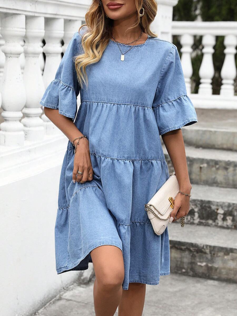 Breezaya 女士圆领喇叭袖宽松牛仔娃娃裙