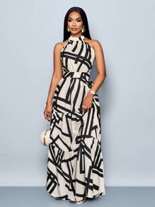 SOLERSUN Women's Fashionable Allover Floral Print Halter Neck Maxi Dress With Belt, Flowing Style For Vacation - Apricot - View 3