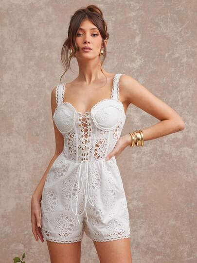 L'Amorae Elegant Summer Eyelet Bustier Lace Up Romper Mini Jumpsuit, Beach Vacation Summer Outfits For Women