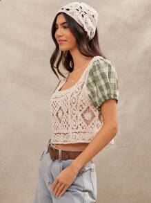 WESTFADE Western Mixed Media Faux Crochet & Plaid Spring Break Crop Top Summer Beach Vacation
