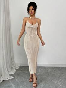 Rafferiza New Slim Fit Sexy Hollow Out Strap Fashion Personalized Knit Dress For Women, Suitable For Beach Vacation, Spring/Summer - Khaki - View 4