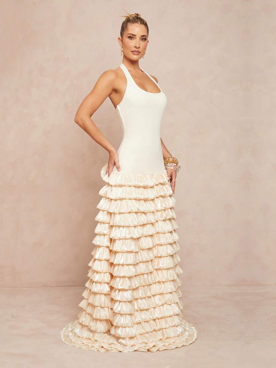 SHEIN X Scheana Lumalex 女士优雅纯色荷叶边饰带高低吊带连衣裙 - 白色 - 查看 1