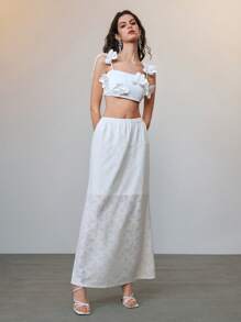 SHEIN LUNE Casual Solid Color Hollow Lace Long Skirt - White - View 7