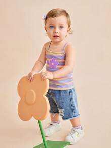 SHEIN 2pcs/Set Baby Girls Peter Pan Collar Rainbow Ribbed Tee + Elastic Waist Denim Ripped Shorts Set, Adorable Casual Outfit For Summer - Multicolor - View 4