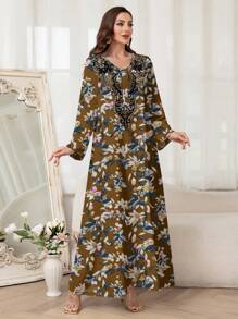 Al Najma 女士阿拉伯风格简约休闲连衣裙，适合夏季，端庄 - 棕色 - 查看 7