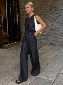 DAZY Women Denim Vest And Pocket Decorated Wide Leg Denim Pants Set - Black - View 5
