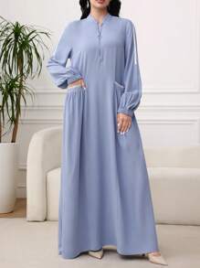 Al Najma 女士拉链长袖时尚口袋温柔优雅阿拉伯风格连衣裙，休闲运动风，适合日常休闲/工作/返校，超长阿拉伯连衣裙，端庄 - 藍色 - 查看 1