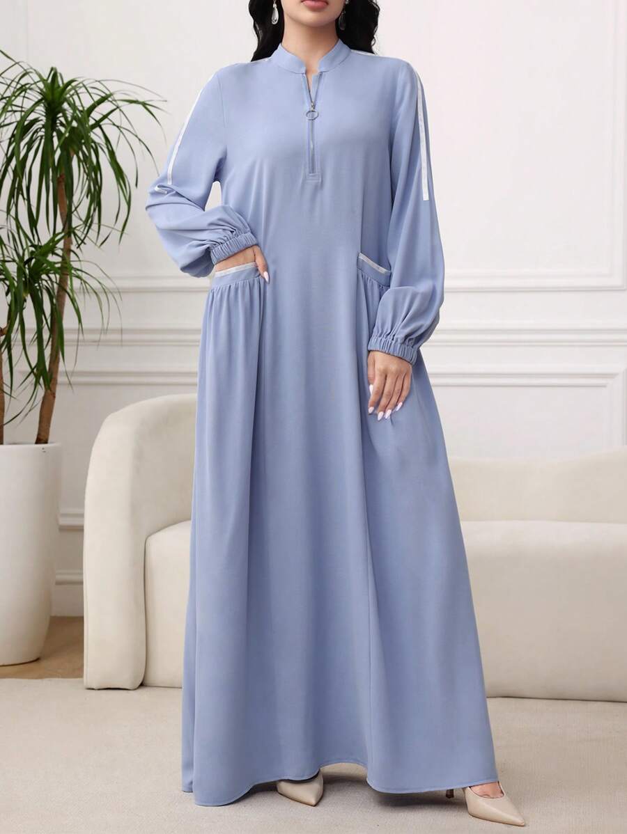 Al Najma 女士拉链长袖时尚口袋温柔优雅阿拉伯风格连衣裙，休闲运动风，适合日常休闲/工作/返校，超长阿拉伯连衣裙，端庄 - 藍色 - 查看 1