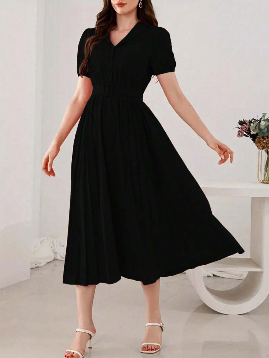 女式 V 领中长连衣裙，纯色，简约时尚的设计，适合夏季 - 黑色 - 查看 1