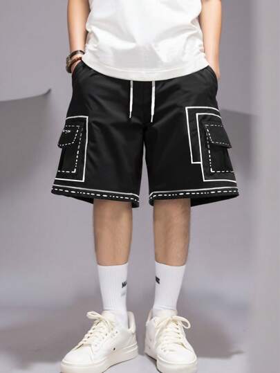 Men's Preppy Front Tie Detail Pocket Plain Casual Shorts, Everyday Wear