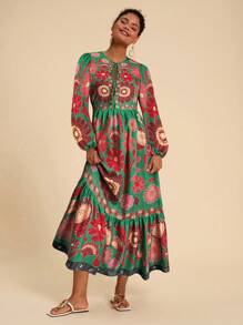 Travachic 度假花卉印花系带长袖连衣裙、秋装、优雅女装、秋季女装、墨西哥女装