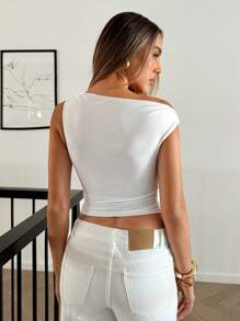 SHEIN Essnce Áo thun nữ in hoa dâm bụt cổ không đối xứng, áo crop top, áo ba lỗ mùa hè, áo thun bó eo - trái cam - Xem 5