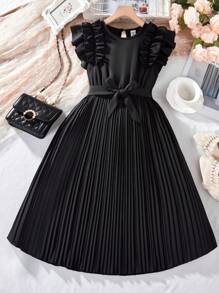 Tween Girls Layered Ruffle Sleeve & Pleated Hem Dress - Black - View 4