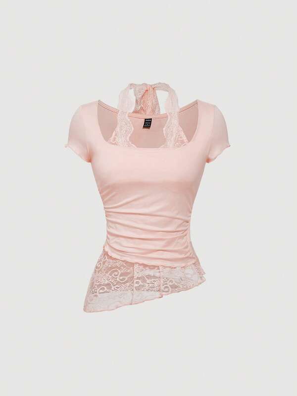 SHEIN MOD Femmes Tricot Patchwork Dentelle Ourlet Asymétrique Col Pliable Dentelle Garniture Cravate Cou Taille Haute T-Shirt