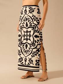 CAJUNI Fusta de damă vintage boemă neagră cu imprimeu floral cu fante înalte, vacanță ocazională - Multicolor - Vizualizare 1