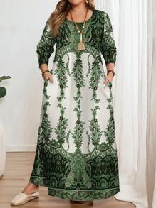 EMERY ROSE 大码女式休闲简约全印花长袖圆领连衣裙，适合春秋季节