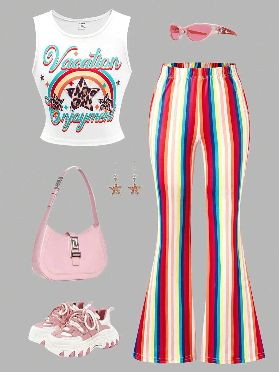 2pcs/Set Tween Girls White Colorful Letter Print Tank Top And Stripe Print Flare Pants Set - Multicolor - View 1