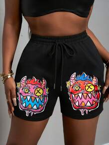 Slaydiva Einfache, lässige, Basic Sport-Shorts mit niedlichem Monster-Grafikdruck, elastischem Bund und Zugband für Frauen - A - Schwarz - Übersicht 5