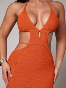 Silquee Vestido de mujer negro de longitud media para las temporadas de primavera y verano, sexy con escote en V profundo y abertura lateral, confeccionado en ganchillo con detalle hueco, ideal para cubrir la playa o la piscina