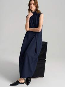 Ontre 2025 Women's Solid Color Stand Collar Sleeveless Ruched Dress, Vacation Style Business Casual Vintage Look, Suitable For Summer & Autumn - Navy Blue - View 3