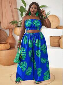 Slaydiva 女式大码荷叶边吊带上衣和纸袋腰阔腿裤印花 - 彩色 - 查看 2