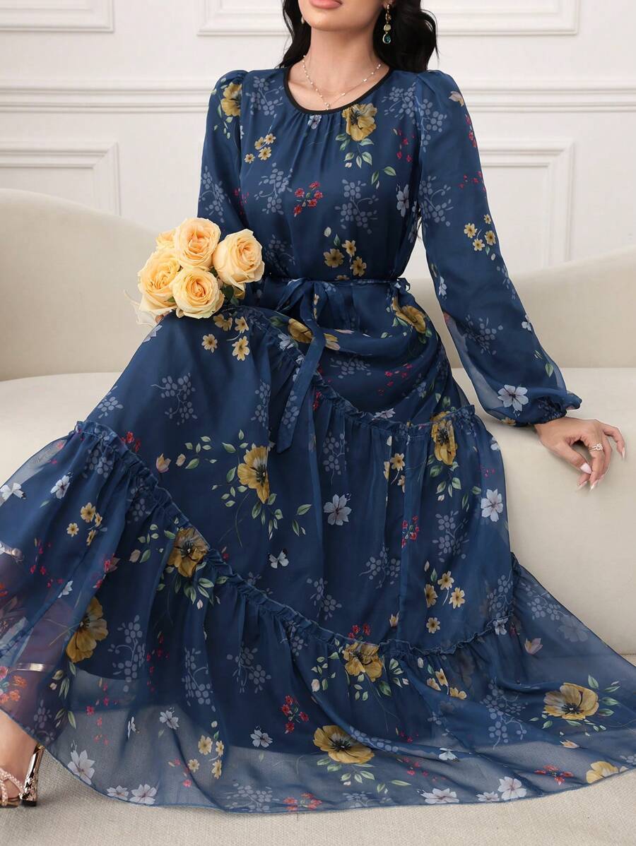 Modelyn 女式长款花卉印花雪纺收腰连衣裙,优雅春夏季 - 藏蓝色 - 查看 1