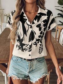 Chiquease V-Neck Short Sleeve Printed Casual Loose Shirt, Spring/Summer - Apricot - View 3