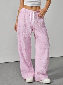 SHEIN PETITE Pantalones elegantes de talle bajo, cómodos y sensuales, con estampado versátil de rayas y lazo - Rosa - Ver 5