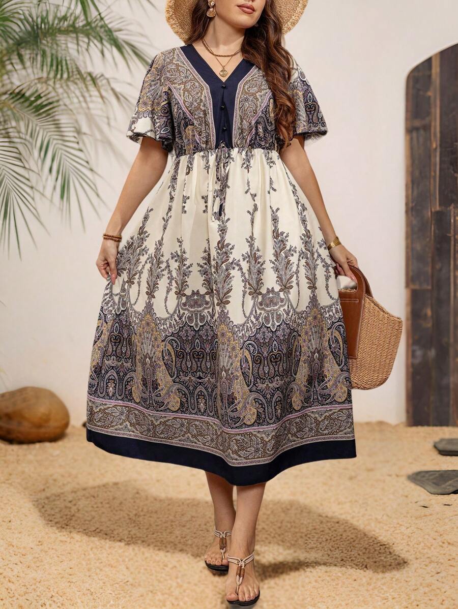 Breezaya Plus Size Women Retro Prints V-Neck Ruffle Short Sleeve Casual Vacation Mid-Length Dress - Navy Blue - View 1