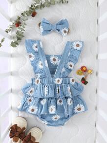 SHEIN Newborn Baby Daisy Floral Print Square Collar Ruffle Hem Bodysuit - Multicolor - View 2