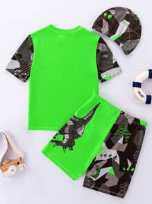 SHEIN Leap Crew 3pcs/Set Tween Boys Rash Guard Crew Neck Tee, Swim Shorts, Swim Cap - Green - View 2