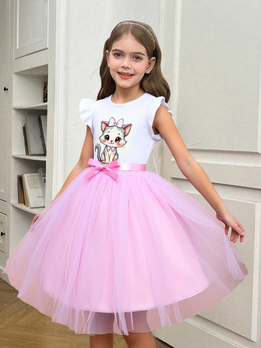 Tween Girls Cute Cat Print Contrast Mesh Dress With Belt - Pink - View 1