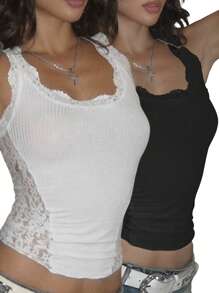 INAWLY Áo ba lỗ cổ tròn phối ren màu tương phản cho nữ - Nhiều màu - Xem 2