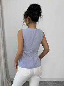 Selianne 法国设计时尚百搭金色纽扣无袖条纹衬衫背心 - 寶藍色 - 查看 2