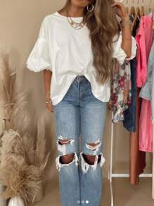 INAWLY 女士优雅休闲泡泡袖纯色 T 恤 - 白色 - 查看 5