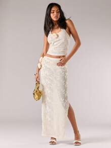 SHEIN BAE Falda elegante con abertura lateral en el dobladillo con estampado floral de jacquard para mujer