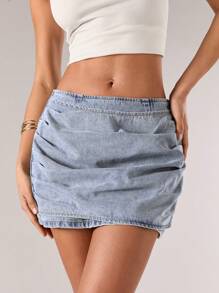 SHEIN BAE Women's Fashion Ruched Wrap Denim Mini Skirt, Summer - Grey - View 5