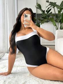 SHEIN Swim Curve Plus Size Women's Black & White Patchwork Sleeveless Minimalist Stylish One-Piece Swimsuit, Casual Holiday For Summer Beach Vacation