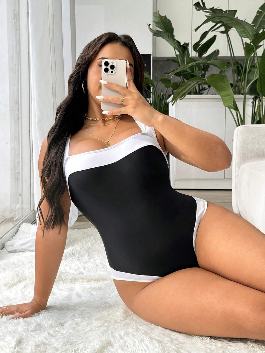 SHEIN Swim Curve Plus Size Women's Black & White Patchwork Sleeveless Minimalist Stylish One-Piece Swimsuit, Casual Holiday For Summer Beach Vacation